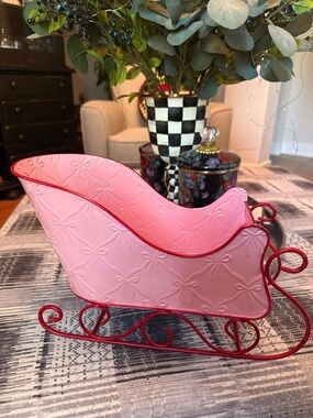 Decorative Pink Metal Sleigh with Red Trim - Home Holiday Accent